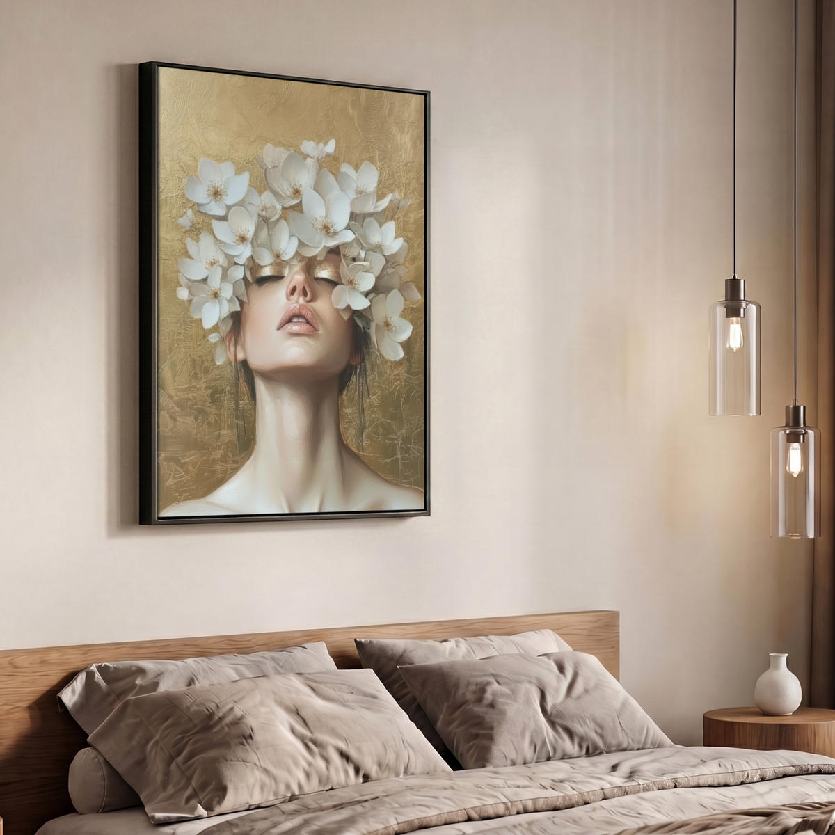 LEINWAND Bilder mit Rahmen - Gesicht - Blumen - Gold - Abstrakt - 70x100 - Goldfarben, Textil (70/100cm) - MuchoWow
