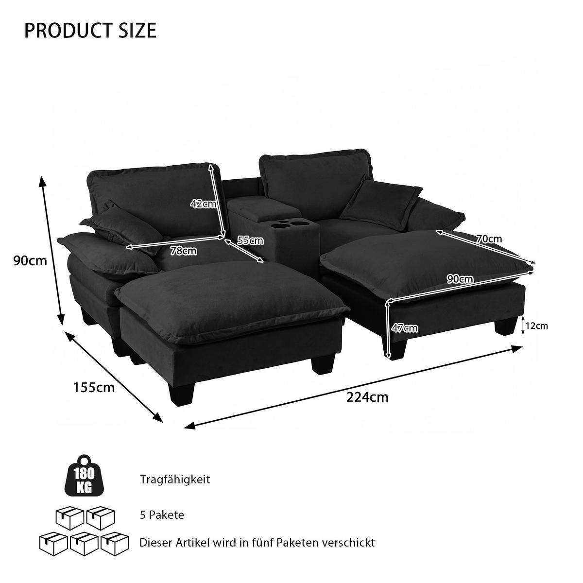 SOFA aus Chenille mit USB-Anschlüssen & Stauraum, schwarz - Schwarz, Textil (155/90/224cm) - Luhomfu