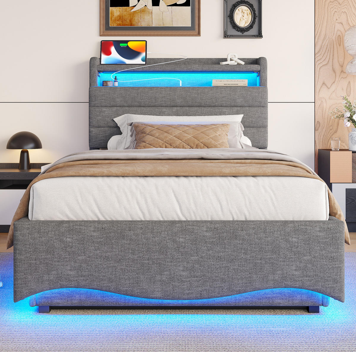 ČALÚNENÁ posteľ z ľanovej tkaniny 90x200 cm sivá s LED osvetlením, hydraulickým úložným priestorom a USB-C - sivá, textil (90/200cm) - Modfu