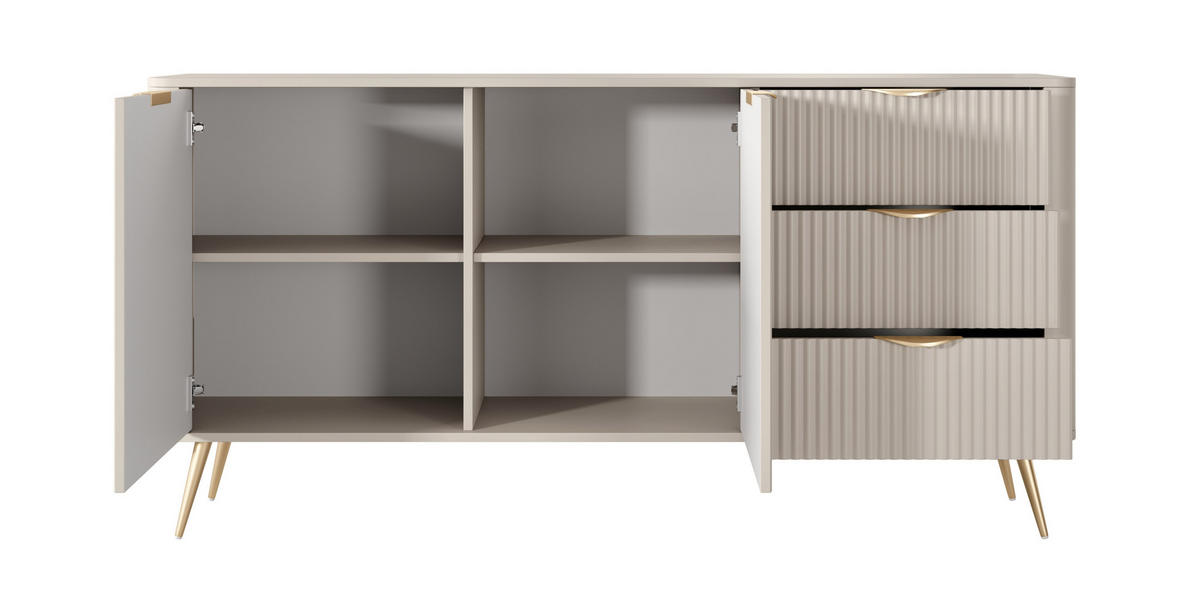 KOMMODE 2 Türen Brando 163 cm, 3 Schubladen, Beige - Beige/Goldfarben, Holz/Metall (163/81/38cm) - Emporius