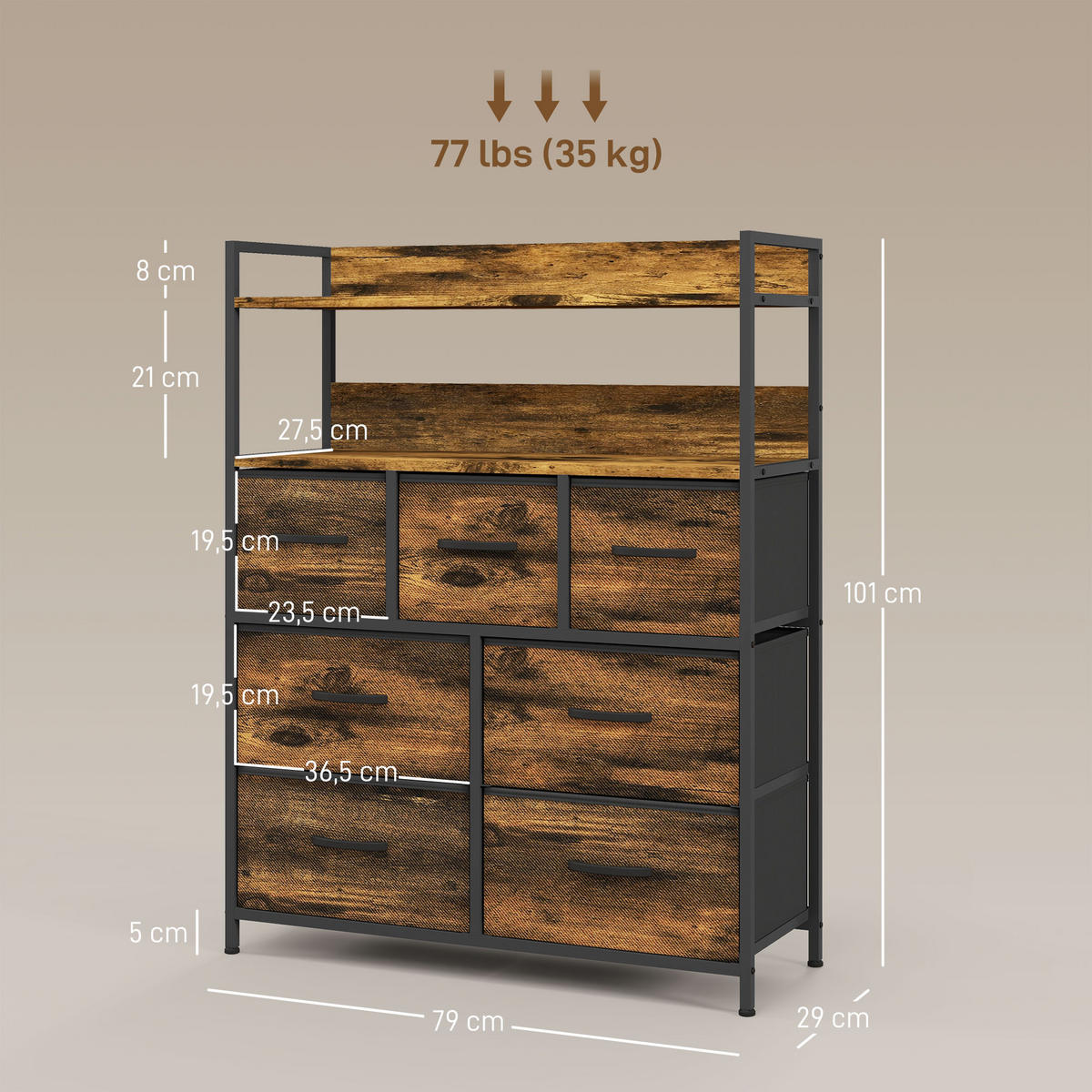 KOMMODE aus Stoff mit 7 Schubladen, Rustikal-Braun - Braun, Textil (79/101/29cm) - HOMCOM