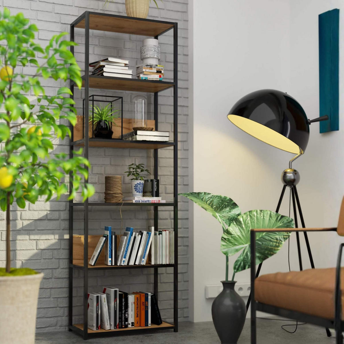 INDUSTRIEREGAL Schwarz, Craft-Eichenfarben 60x192x32 cm - Eichefarben/Schwarz, Holzwerkstoff/Metall (60/192/32cm) - Akord