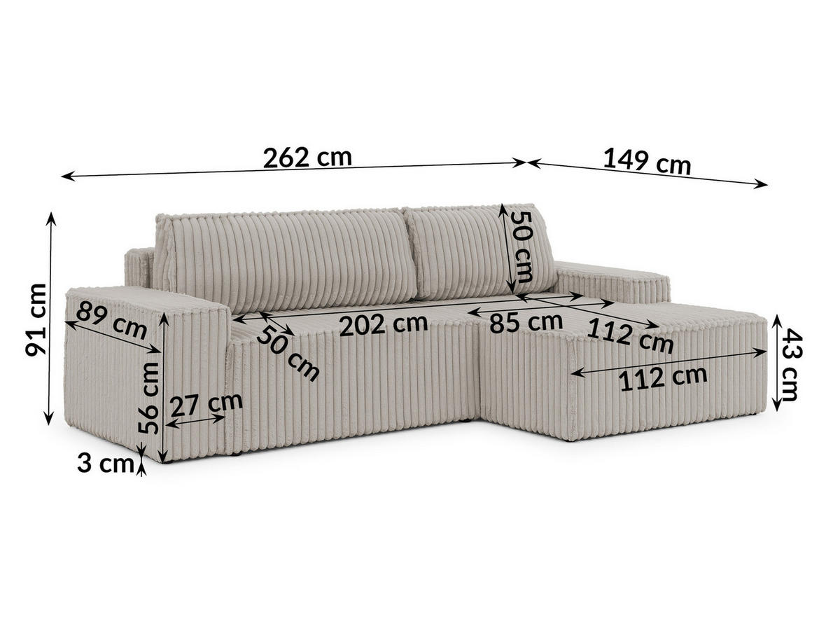 ECKSOFA Rivio mit Schlaffunktion und Bettkasten, Plüschcord Hellgrau - Hellgrau/Schwarz, Holz/Kunststoff (262/149cm) - S-Style