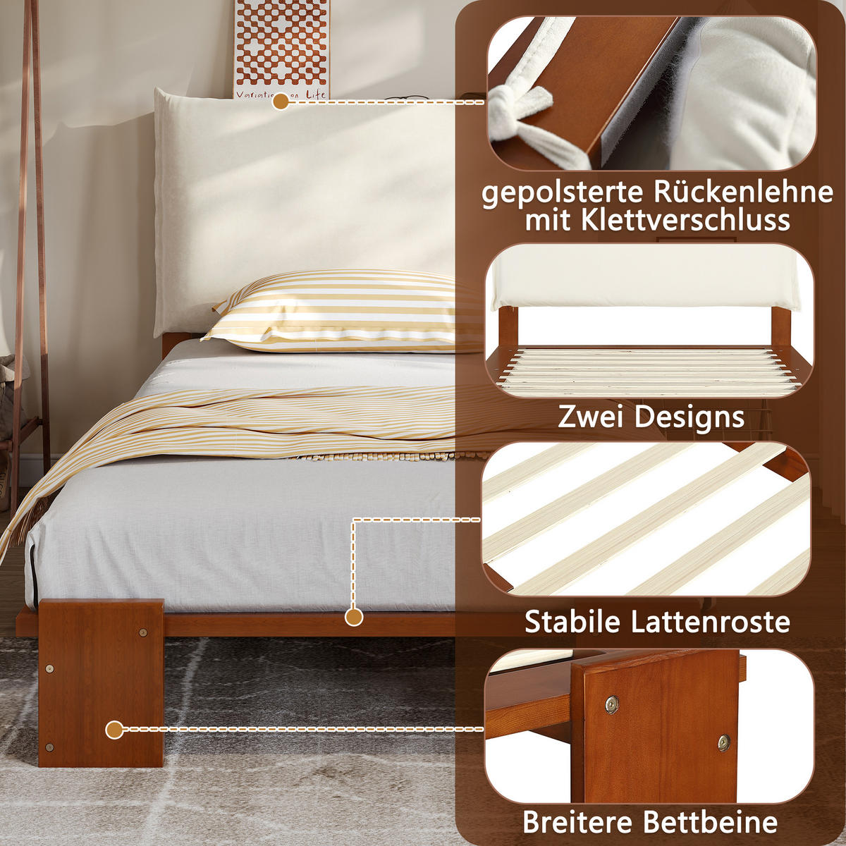 POLSTERBETT 90/200 cm dunkelbraun aus Holz mit gepolstertem Kopfteil - Braun, Textil (90/200cm) - OKWISH