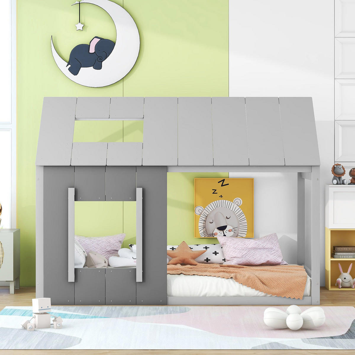DOMČEKOVÁ posteľ 90/200 cm sivá s oknom a strechou z borovice a MDF - sivá, kompozitné drevo (90/200cm) - OKWISH