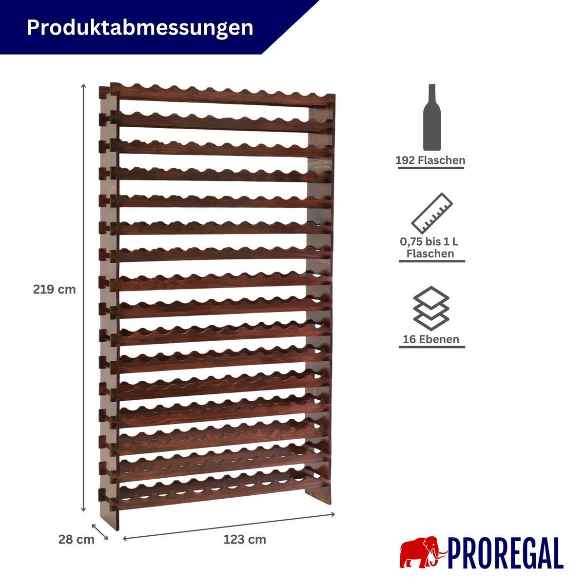 WEINREGAL NAVARRA aus Holz 219x123x28cm 192 Flaschen auf 16 Ebenen Braun geölt - Braun, Holz (123/219/28cm) - PROREGAL