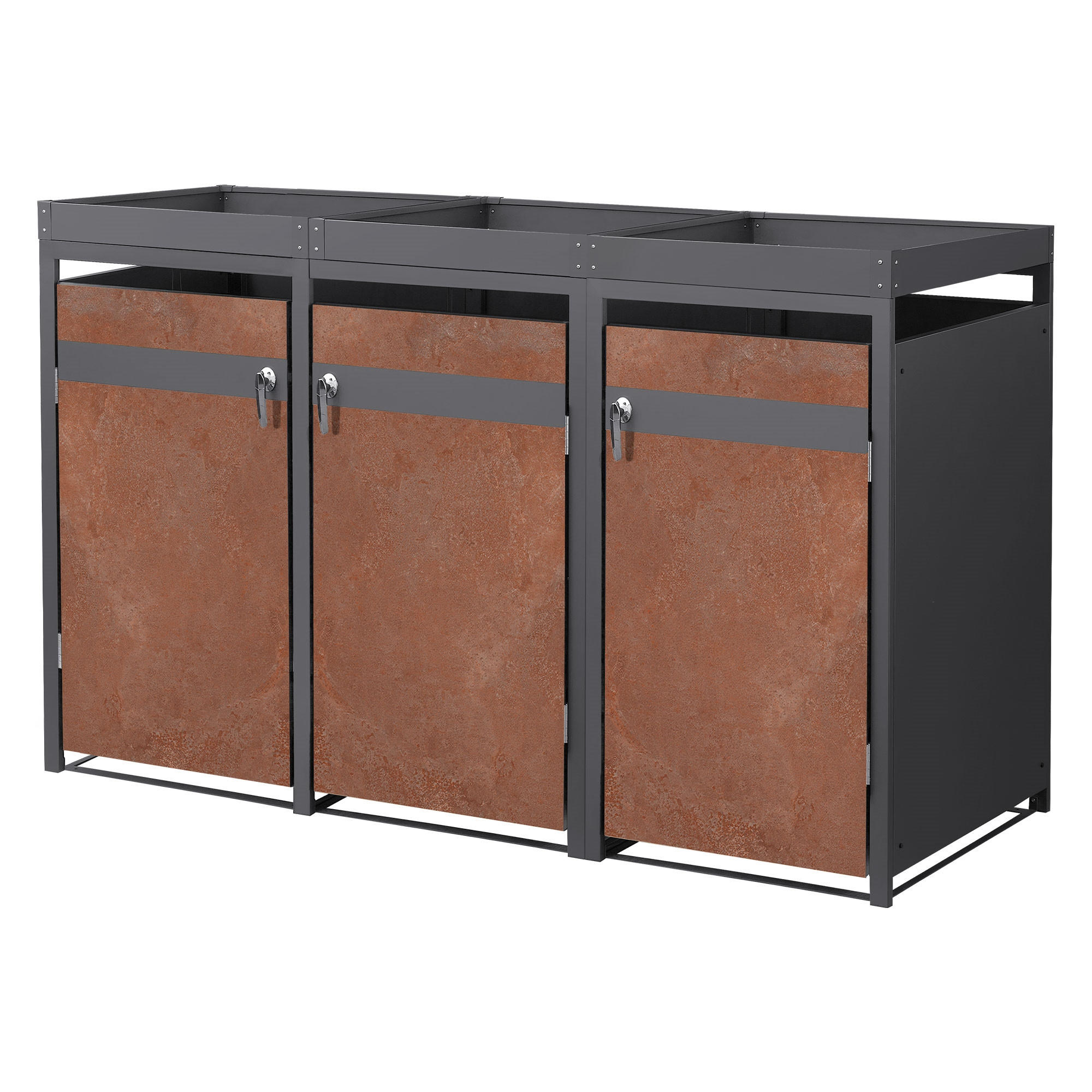 MÜLLTONNENBOX 3er mit Pflanzdach Anthrazit-Rostoptik - Rotbraun, Metall (200/124/80cm) - ML-DESIGN