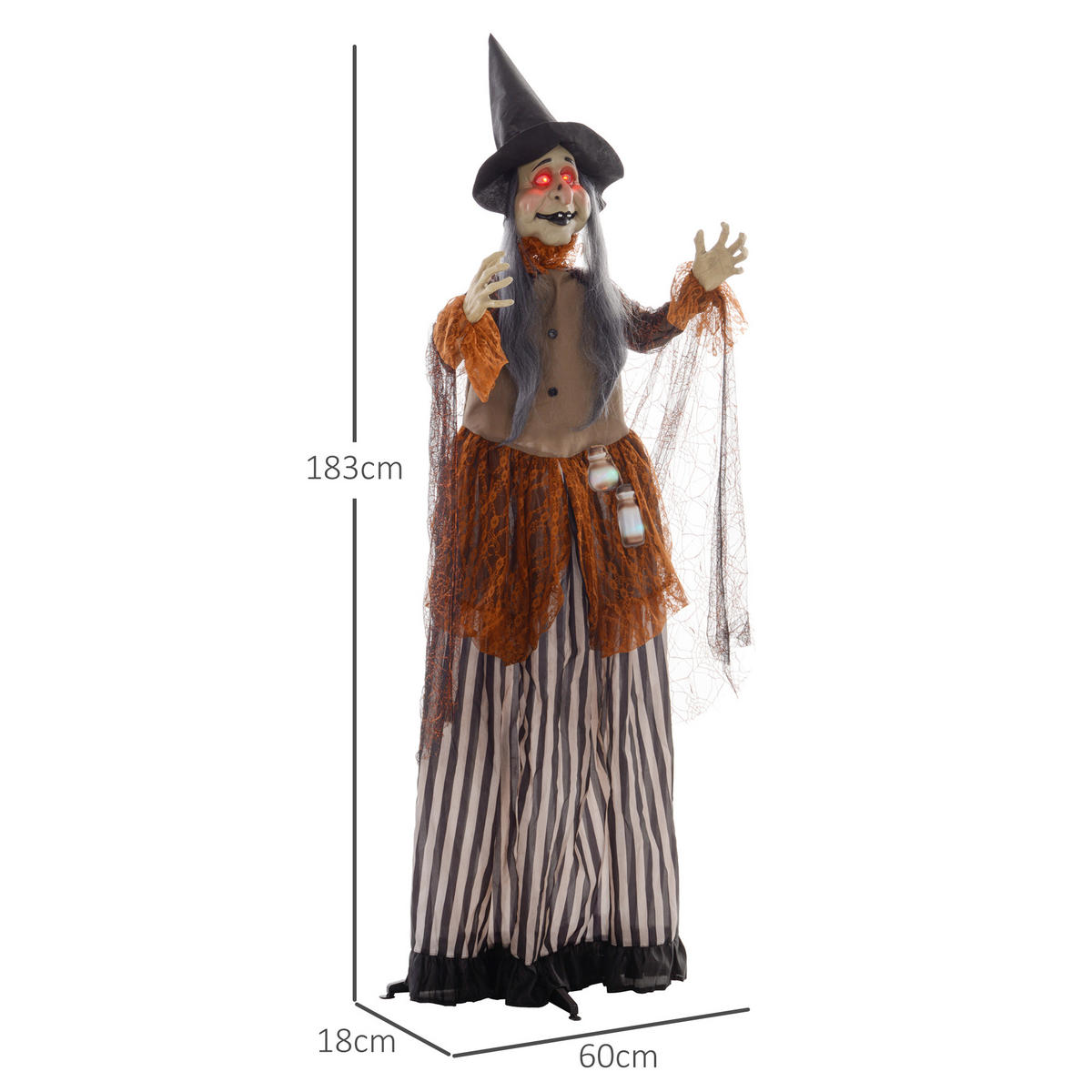 HALLOWEEN DECORATIONS 183cm Halloween-Hexe mit LED-Lichter, Soundfunktion - Schwarz, Kunststoff/Metall (60/183/18cm) - HOMCOM