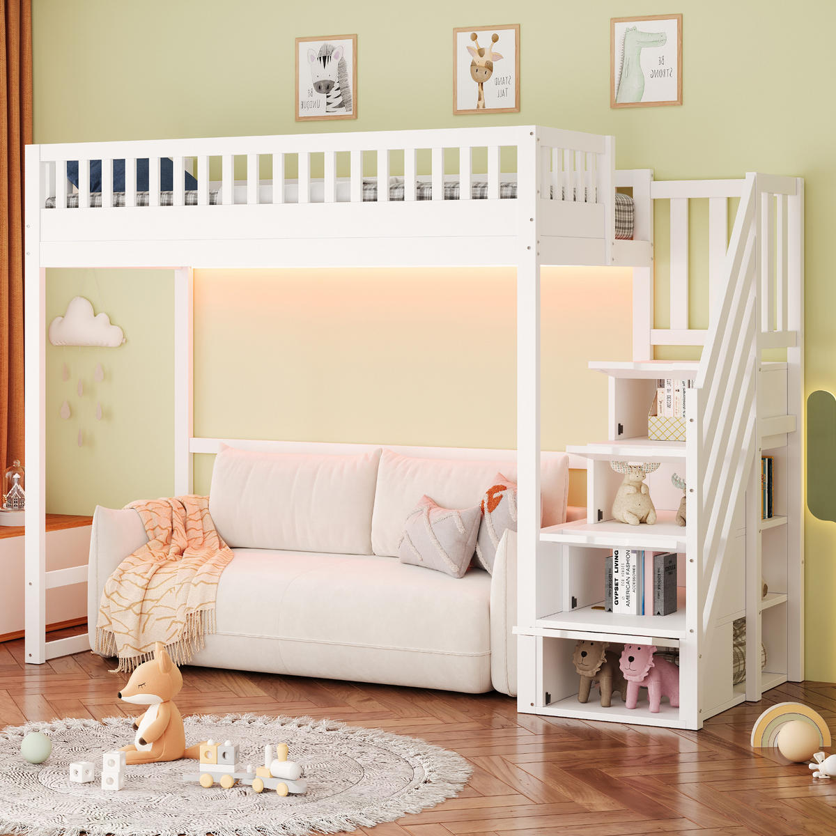 HOCHBETT 90/200 cm in Weiß mit Stauraumtreppe und LED Holz Kinderbett - Weiß, Holzwerkstoff (90/200cm) - STILVORA