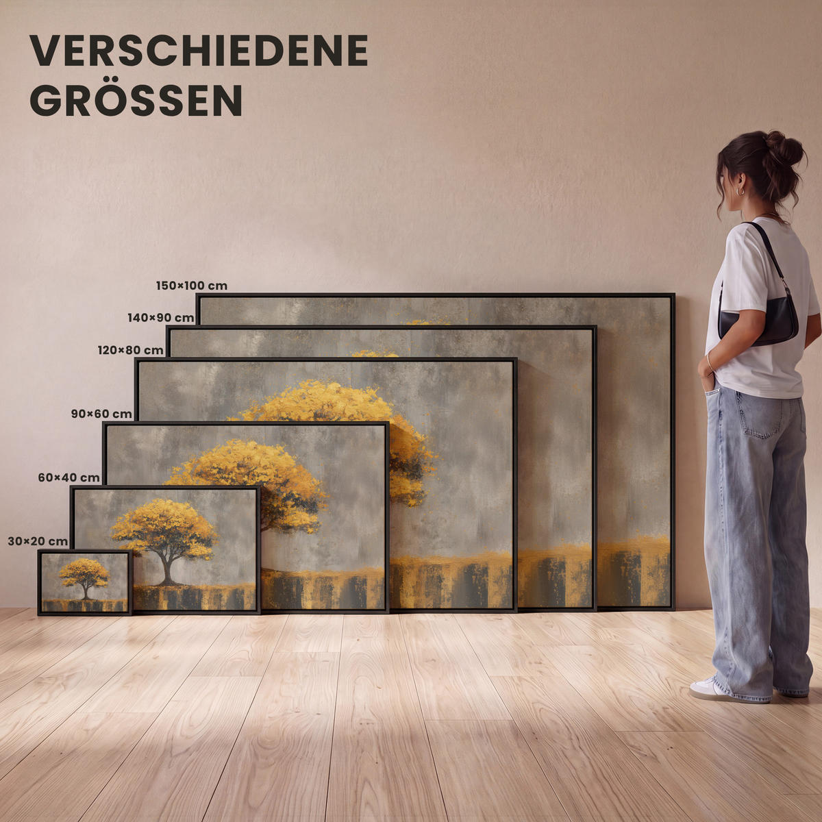 LEINWAND Bilder mit Rahmen - Baum - Blätter - Gold - Abstrakt - 30x20 - Grau, Textil (30/20cm) - MuchoWow