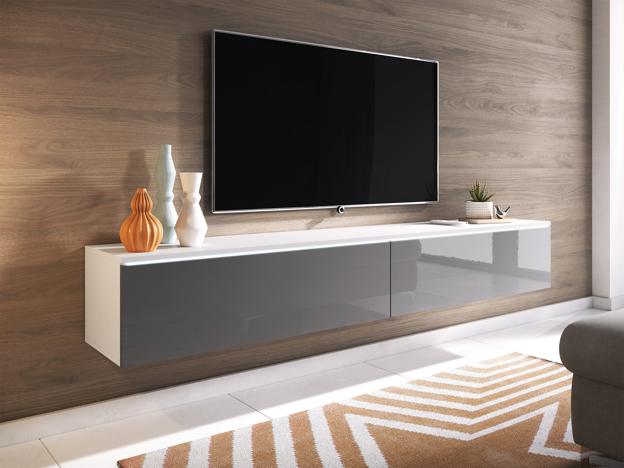 TV-LOWBOARD D180 mit weißer LED Beleuchtung - Silberfarben/Weiß, Holzwerkstoff/Kunststoff (180/30/33cm) - MIRJAN24