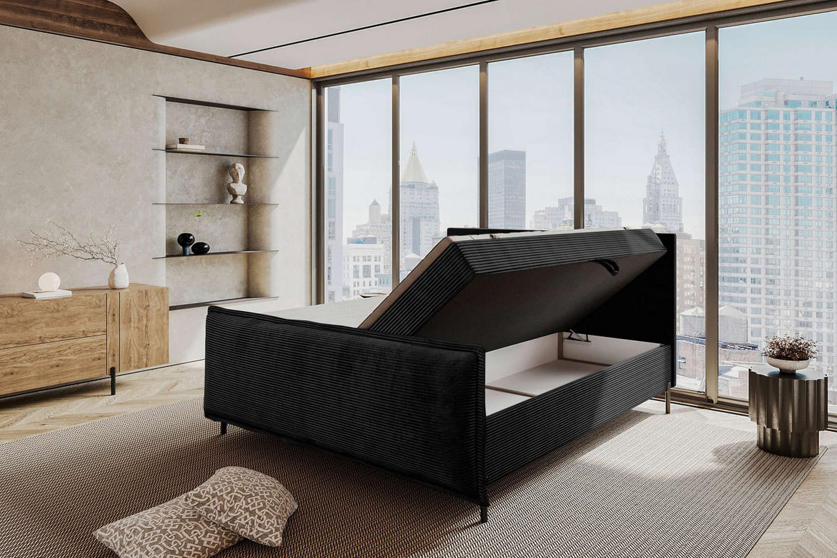 BOXSPRINGBETT VERO PLUS Cordstoff Schwarz 160/200 cm - Schwarz, Holzwerkstoff/Textil (160/200cm) - 99rooms