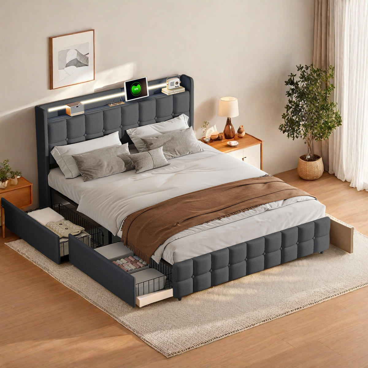 BETT 160x200 cm Polsterbett dunkelgrau mit Stauraum, RGB LED, USB & Lattenrost in Leinenoptik - Grau, Metall (160/200cm) - SHOPENTRA