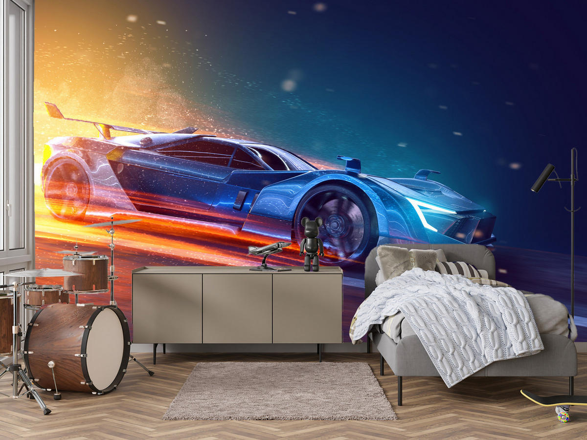 FOTOTAPETE für Jugendzimmer Futuristisches Sportwagen Neon 450x315 - Blau/Gelb, Papier (450/315cm) - Muralo