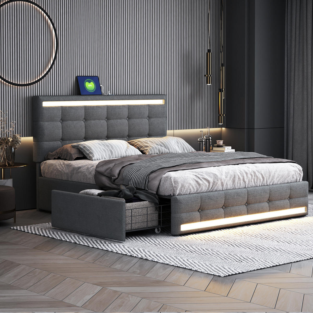 POLSTERBETT 140x200 LED 4 Schubladen 2 USB Stauraum Grau - Grau, Holzwerkstoff - FLIEKS