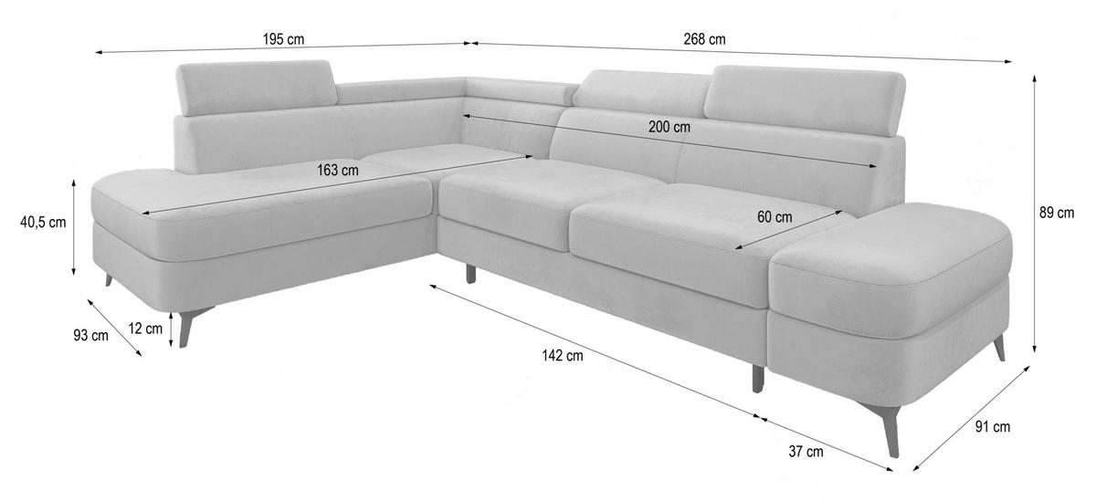 ECKSOFA AVISE M L-S Hellgrau Velours-Stoff mit Schlaffunktion - Hellgrau, Holzwerkstoff/Textil (268/195cm) - MASSENO