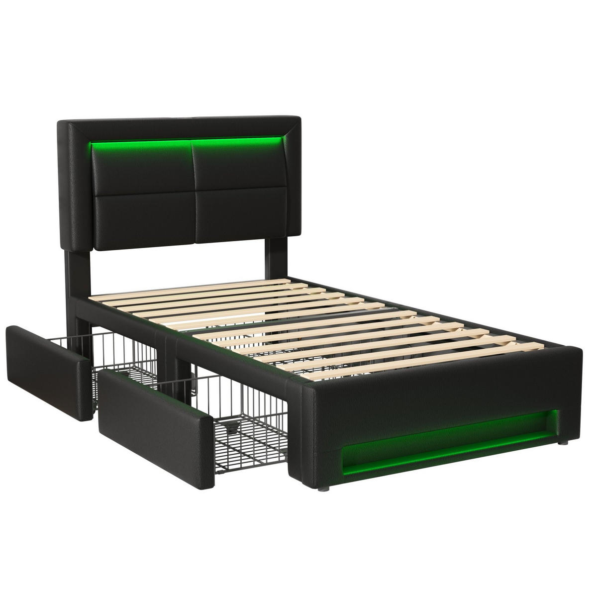 POLSTERBETT 90/190 cm mit USB-Ladefunktion, LED-Beleuchtung, 4 Schubladen und PU-Bezug, Schwarz - Schwarz, Kunststoff (90/190cm) - Redom