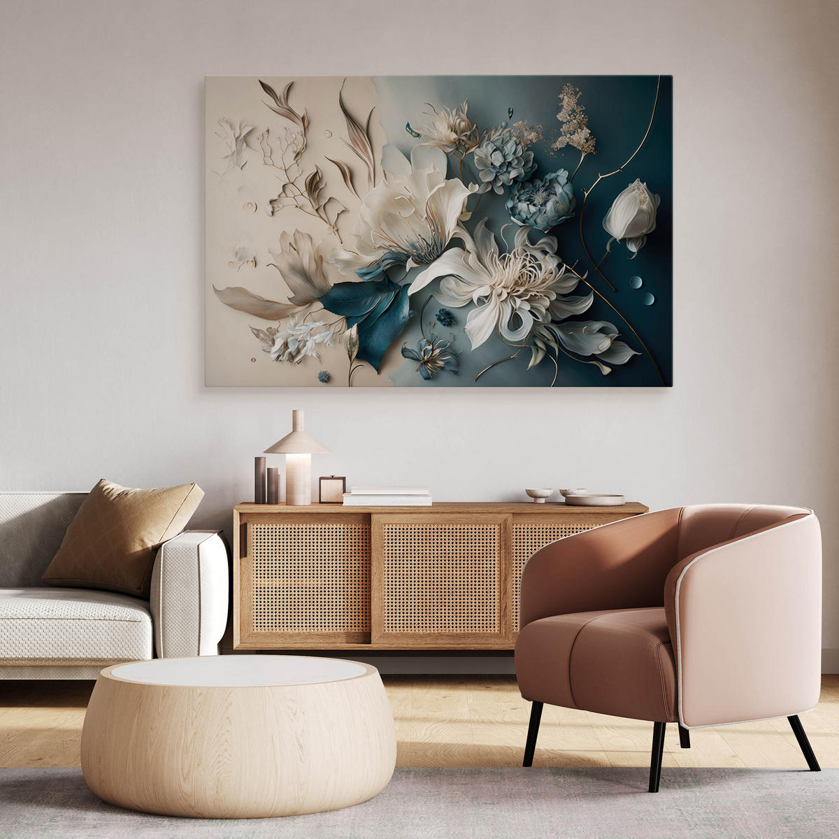 LEINWANDBILD Abstrakte Blumen Pflanzen 3D Effekt 120x80cm - Blau/Beige, Textil (120/80cm) - Muralo