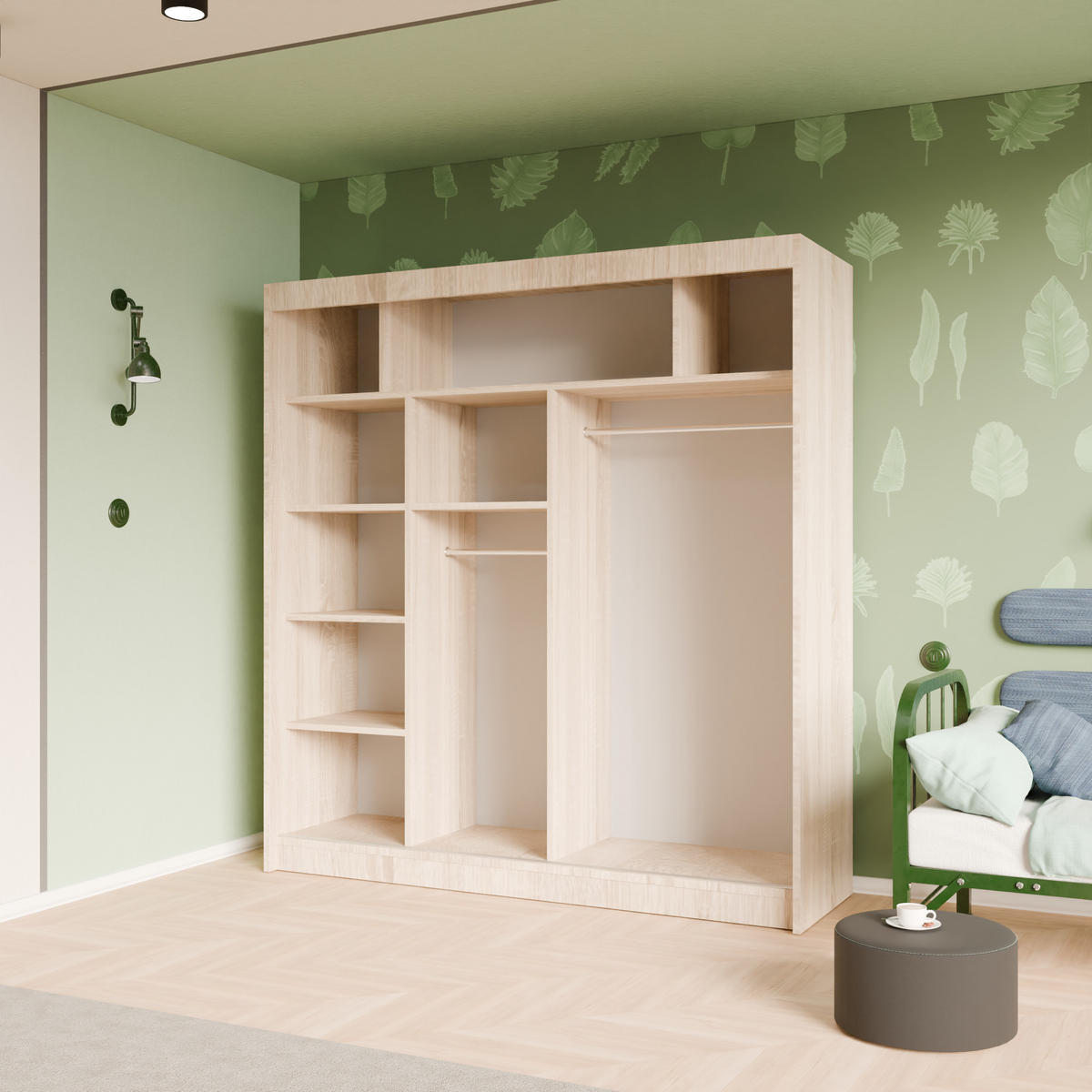 SCHIEBETÜRENSCHRANK BERGA - Sonoma Eiche, Holzwerkstoff (200/215/61cm) - Meblini