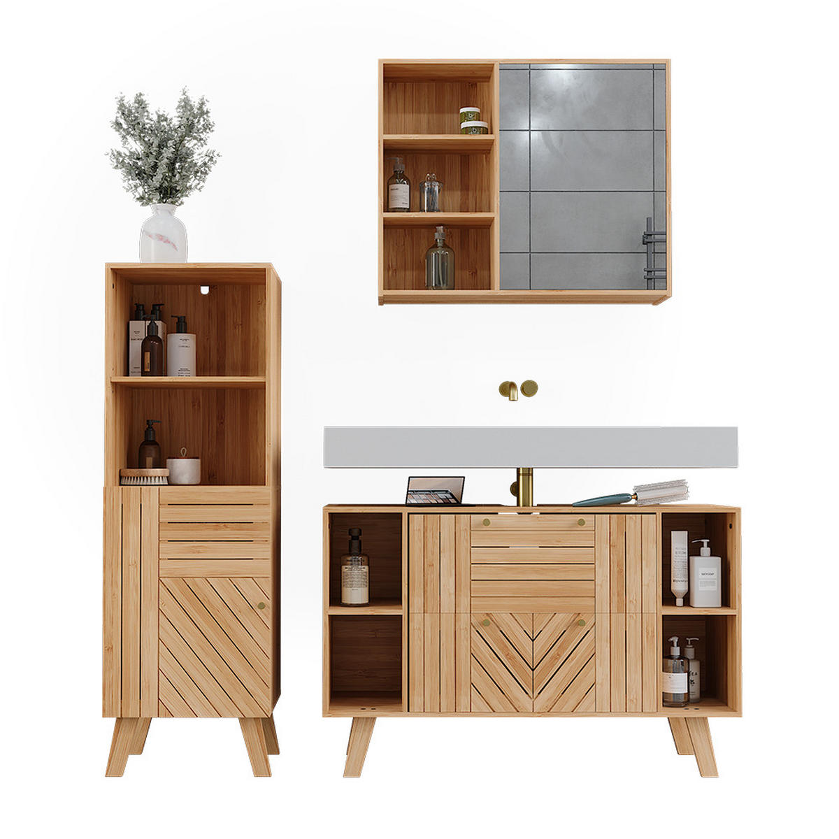 BADMÖBEL-SET Lucie Bambus 3 Teile - Grün, Holzwerkstoff (100/65/36cm) - Vicco