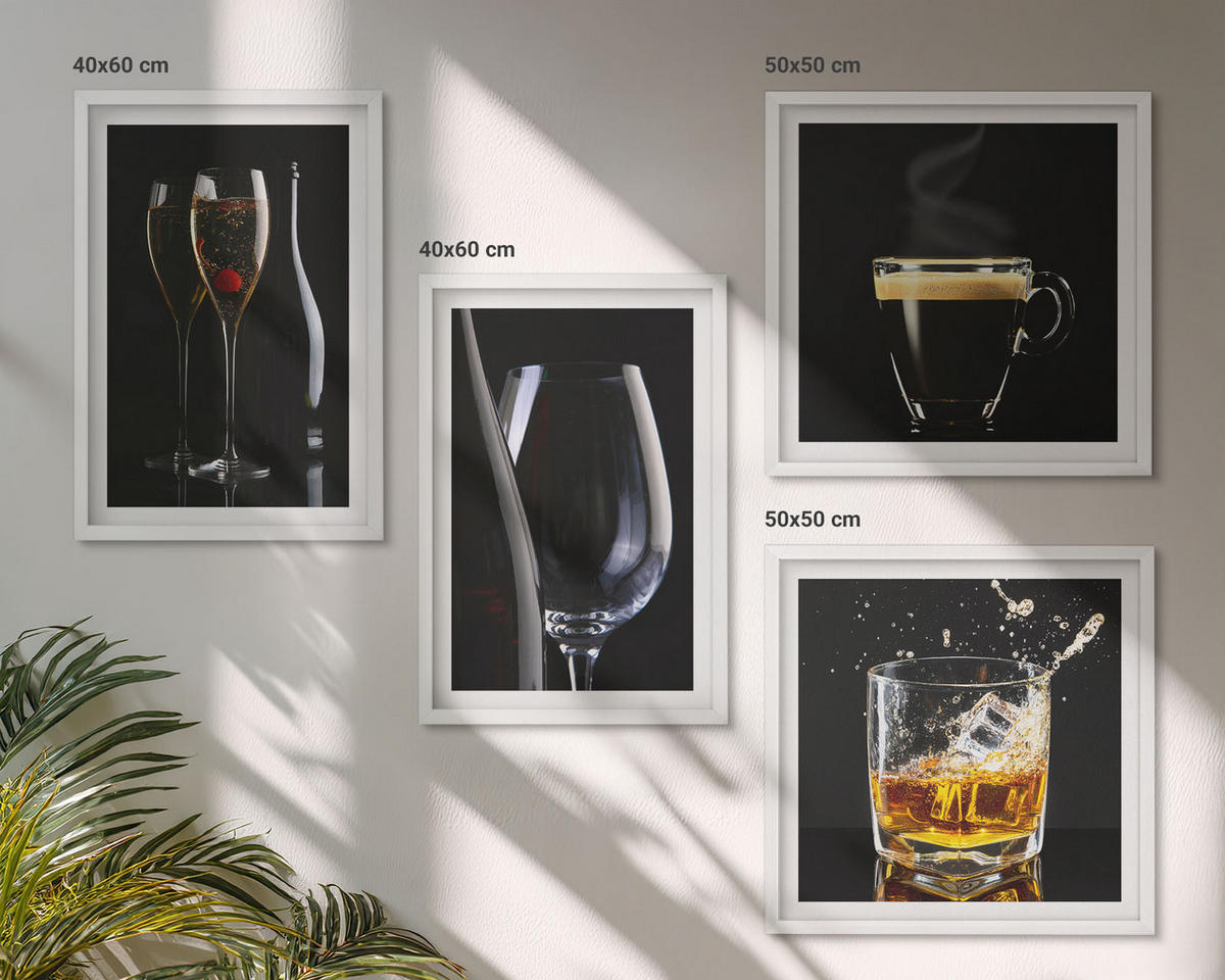 BILDER SET 4er Set - 50x50 cm & 40x60 cm Weißer Rahmen - Whisky, Wein, Champagner, Kaffee, Alkohol - Weiß, Kunststoff (50/50cm) - TULUP