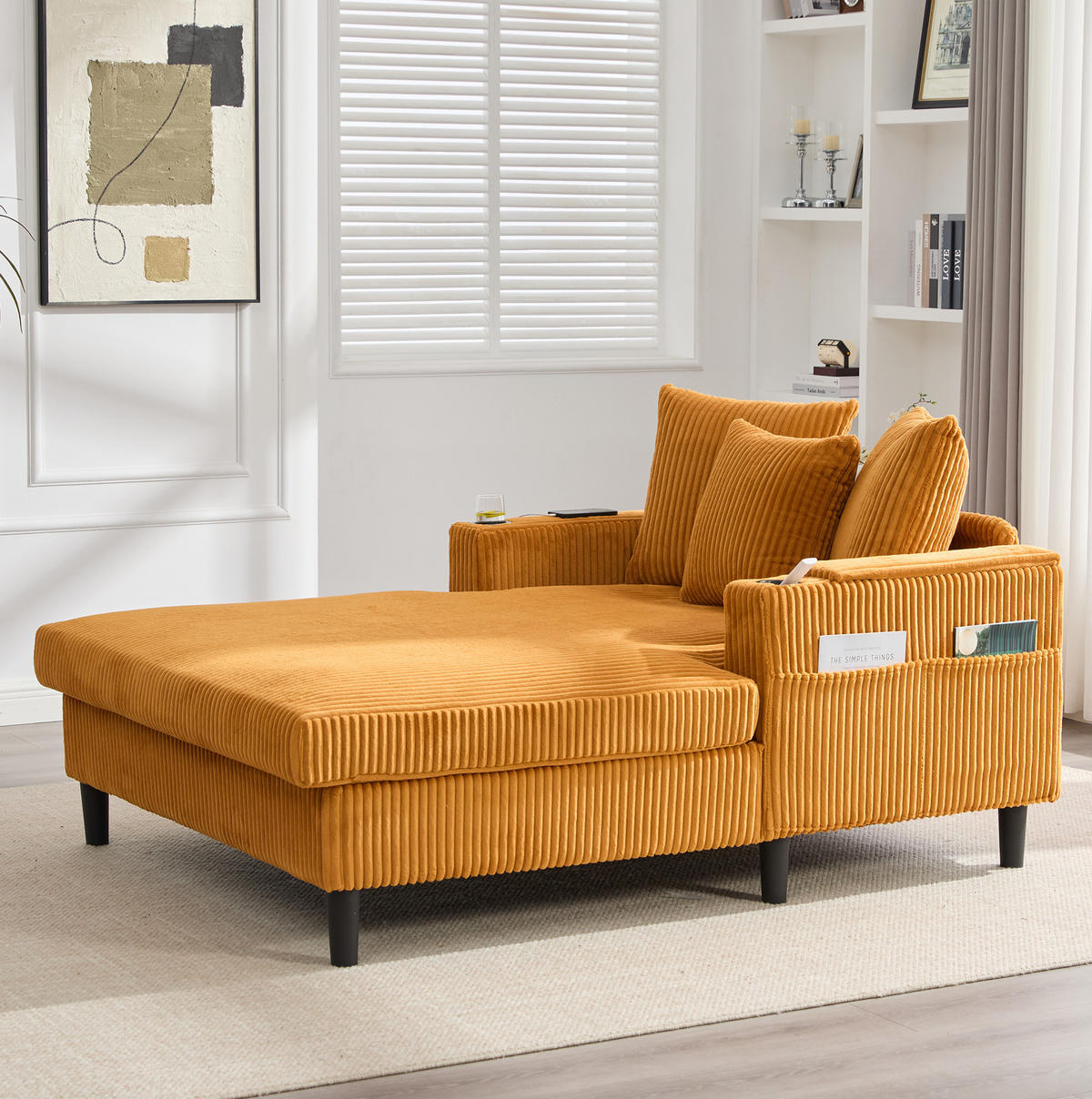 CHAISELONGUE mit USB und Stauraum 129 x 170 cm Cord Mustard Yellow - Gelb, Holz (170/70/129cm) - Meubliv
