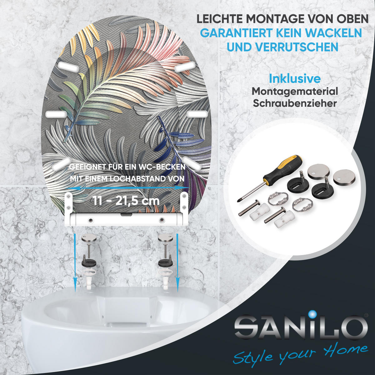 WC-SITZ mit Absenkautomatik & Top Fix Farn - Grau, Holzwerkstoff (37.7/5.5/48cm) - Sanilo