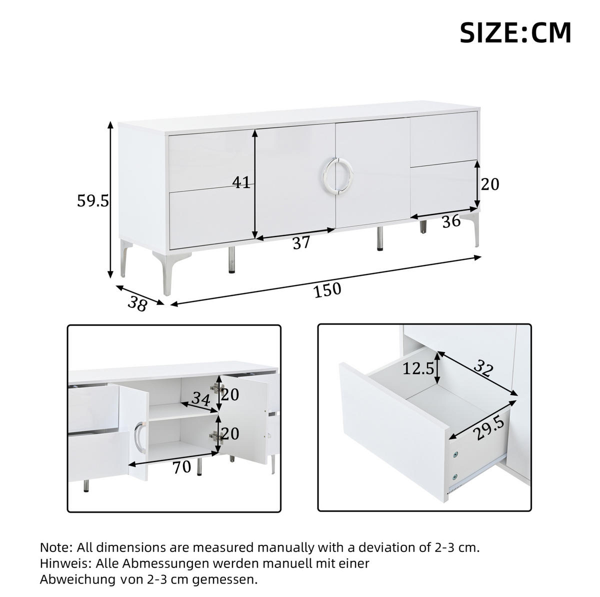 SIDEBOARD 150/38/59,5 cm mit 4 Schubladen, 2 Türen, Hochglanzfront und Metallfüßen, MDF, Weiß - Weiß, Holzwerkstoff (150/59.5/38cm) - Redom