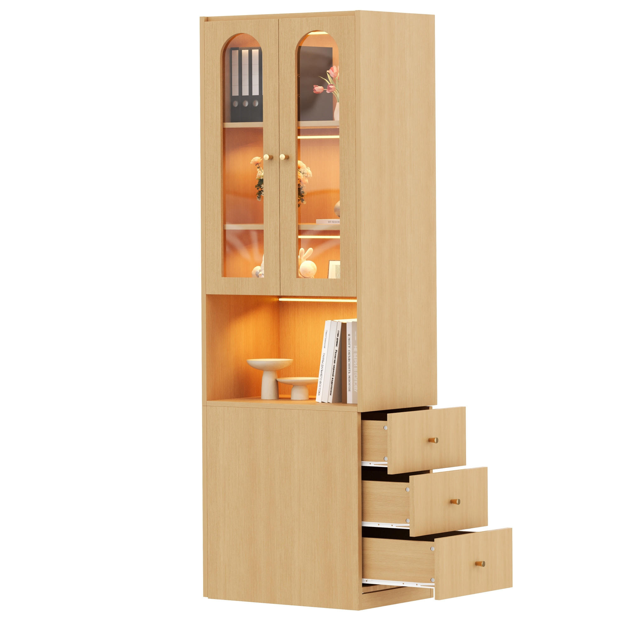 HIGHBOARD 60/40/200 cm in Eichefarben mit LED-Beleuchtung und GlasHighboard - Eichefarben, Holzwerkstoff (60/200/40cm) - Flora Grace