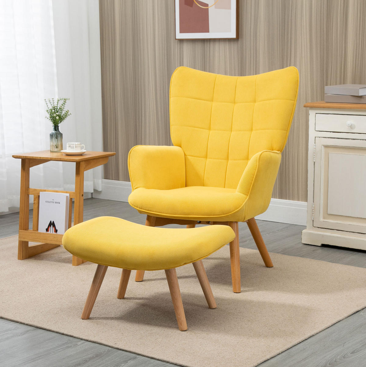 OHRENSESSEL-SET mit Hocker Polyester, Buchenholzbeine 72/80/101 cm Gelb - Gelb, Textil (72/101/80cm) - Redom