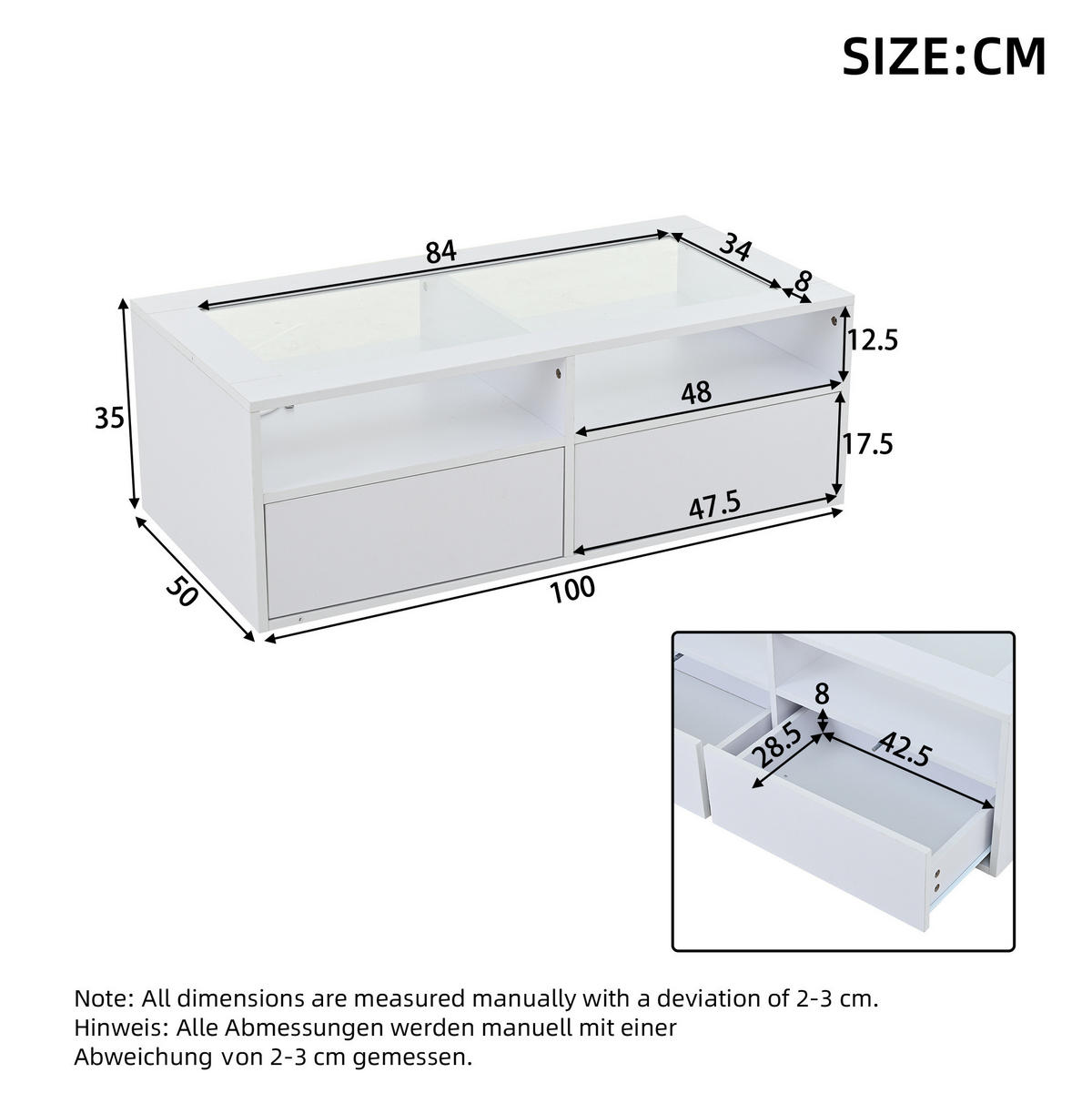 COUCHTISCH aus Glas und Spanplatte 100x50x35 cm Weiß mit LED-Beleuchtung, 2 Schubladen und USB-Anschluss - Weiß, Holzwerkstoff (100/50/35cm) - IVMEU