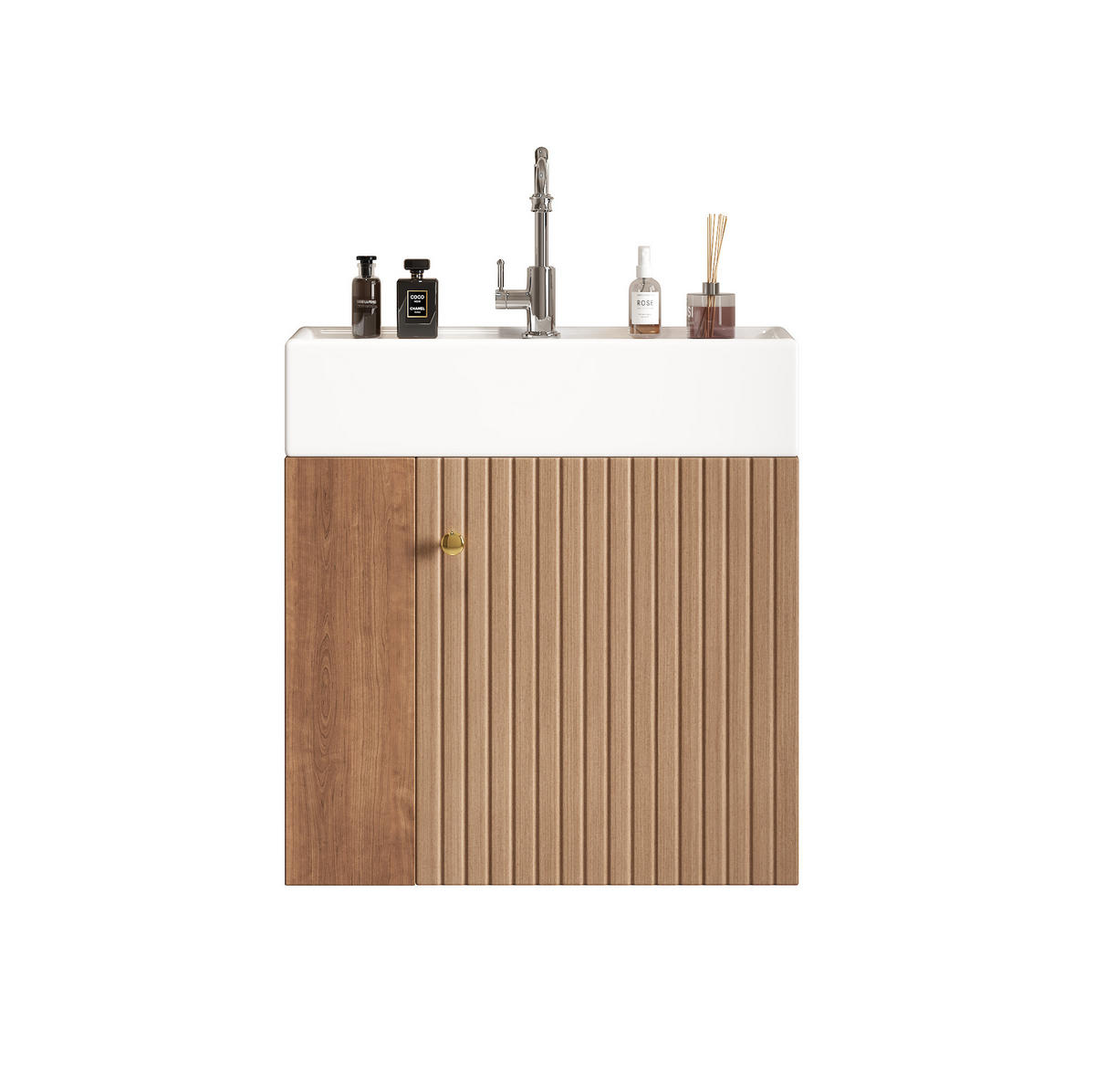 BADEZIMMERSCHRANK 55x31x66.5 cm Braun & Weiß aus Kunststoff mit Keramikbecken & 3D-Paneel - Braun, Holzwerkstoff (55/66.5/31cm) - Modfu