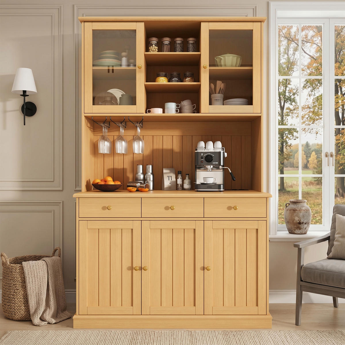 BUFFETSCHRANK 120x40x191 cm, Glastüren, Gläserhalter, 2 Steckdosen, USB-A/USB-C-Anschlüsse, Naturfarbe - Naturfarben, Holzwerkstoff (120/191/40cm) - FOHERE