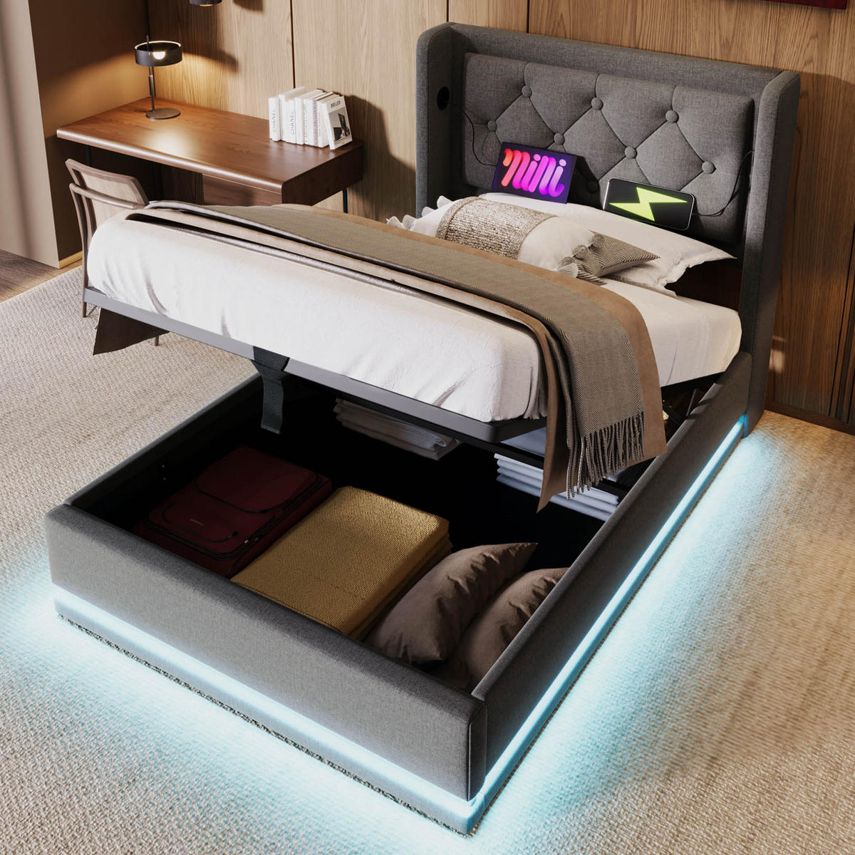 POLSTERBETT 90/200 cm Grau aus Baumwolle mit Stauraum und LED - Grau, Textil (90/200cm) - OKMYHOME
