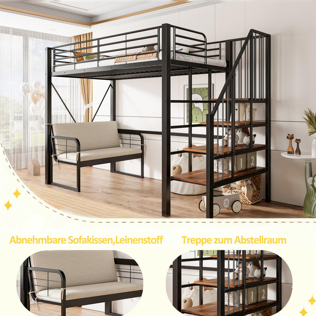 HOCHBETT 90/200 cm aus Metall und MDF mit Stauraumleiter, Schwarz - Schwarz, Metall (90/200cm) - OKMYHOME