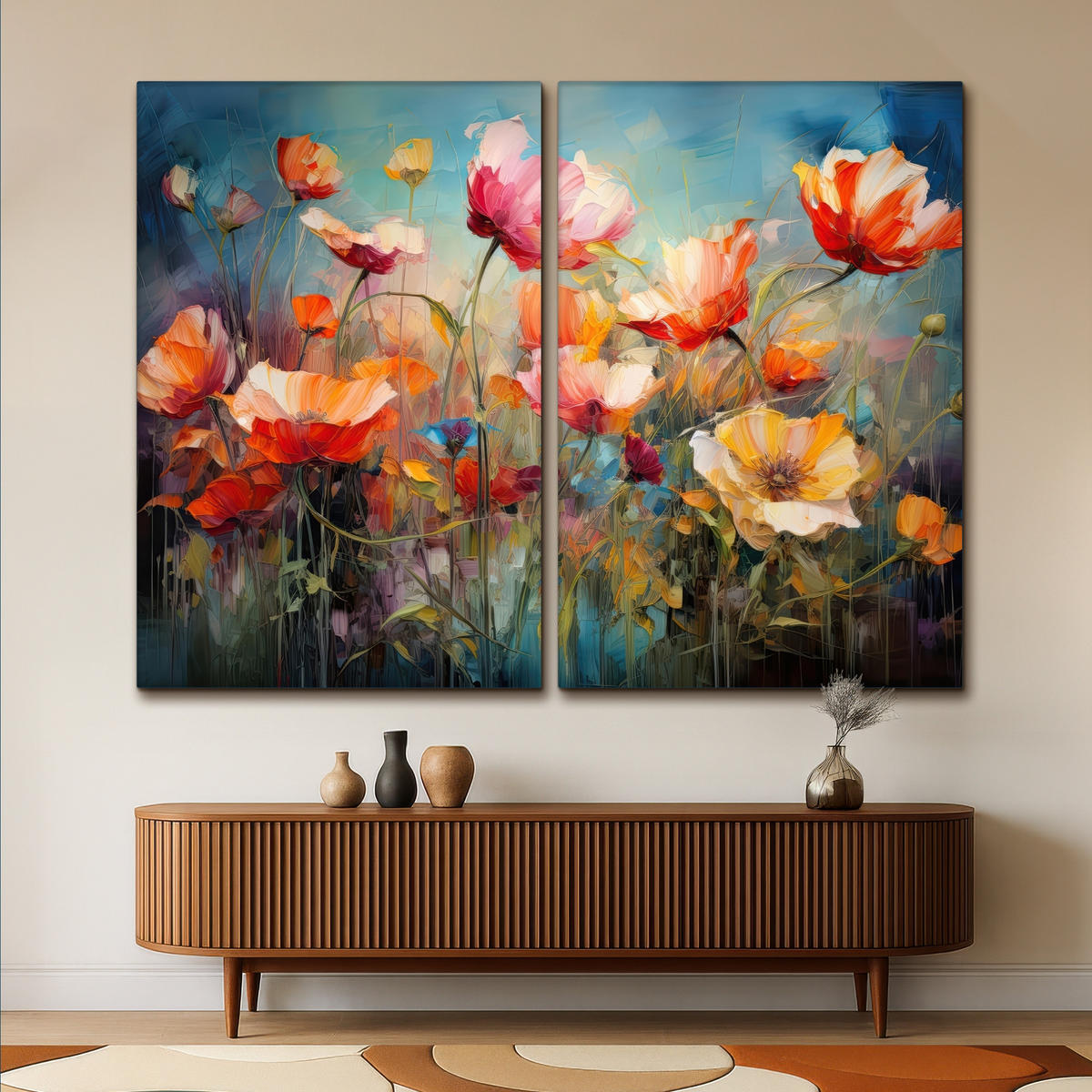 LEINWANDBILD 2er Set Blumen - Bunt - Abstrakt 240x180 cm - Blaugrau, Textil (240/180cm) - MuchoWow