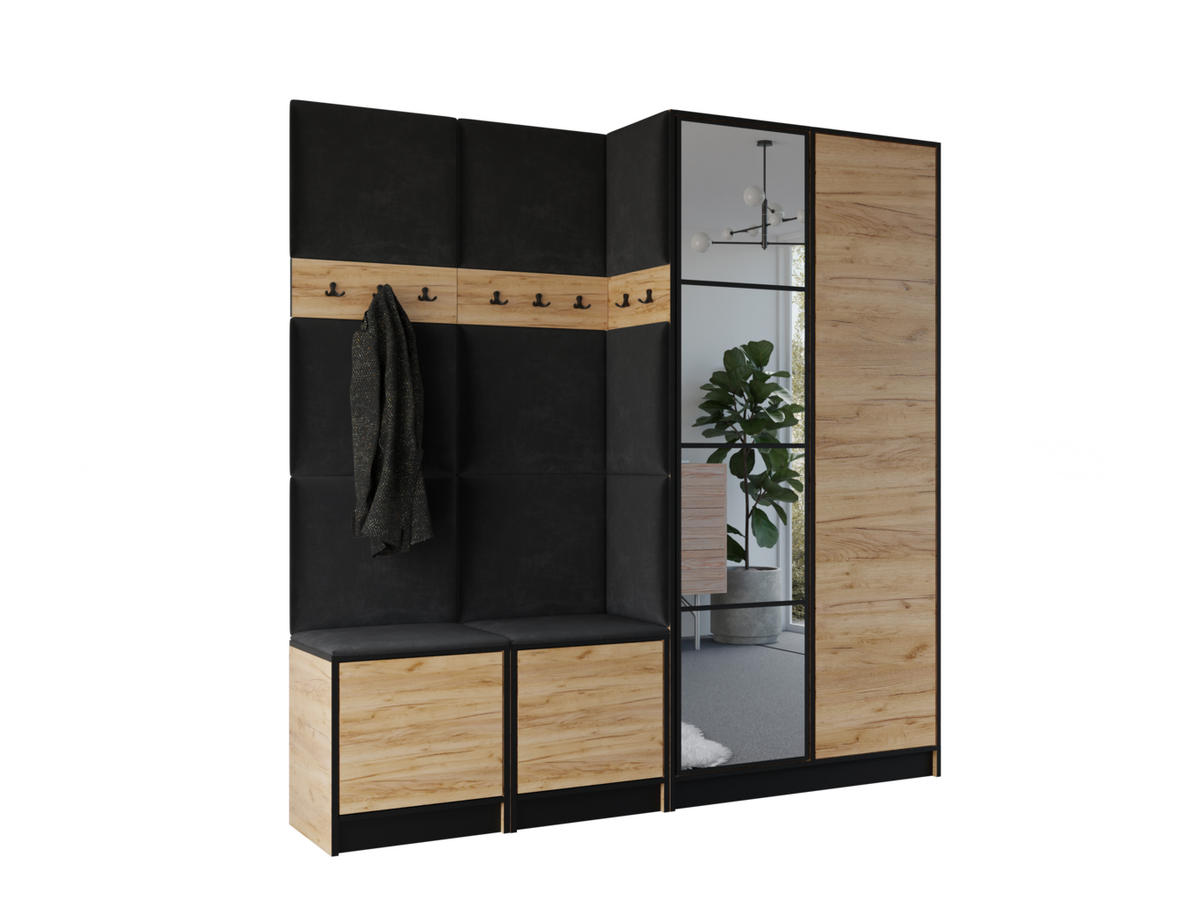 GARDEROBENSCHRANK EDEN 21 mit Spiegel - Eiche Craft Gold & Stoff Schwarz - Honigeiche/Schwarz, Holzwerkstoff (211/205/39cm) - Kier Furniture