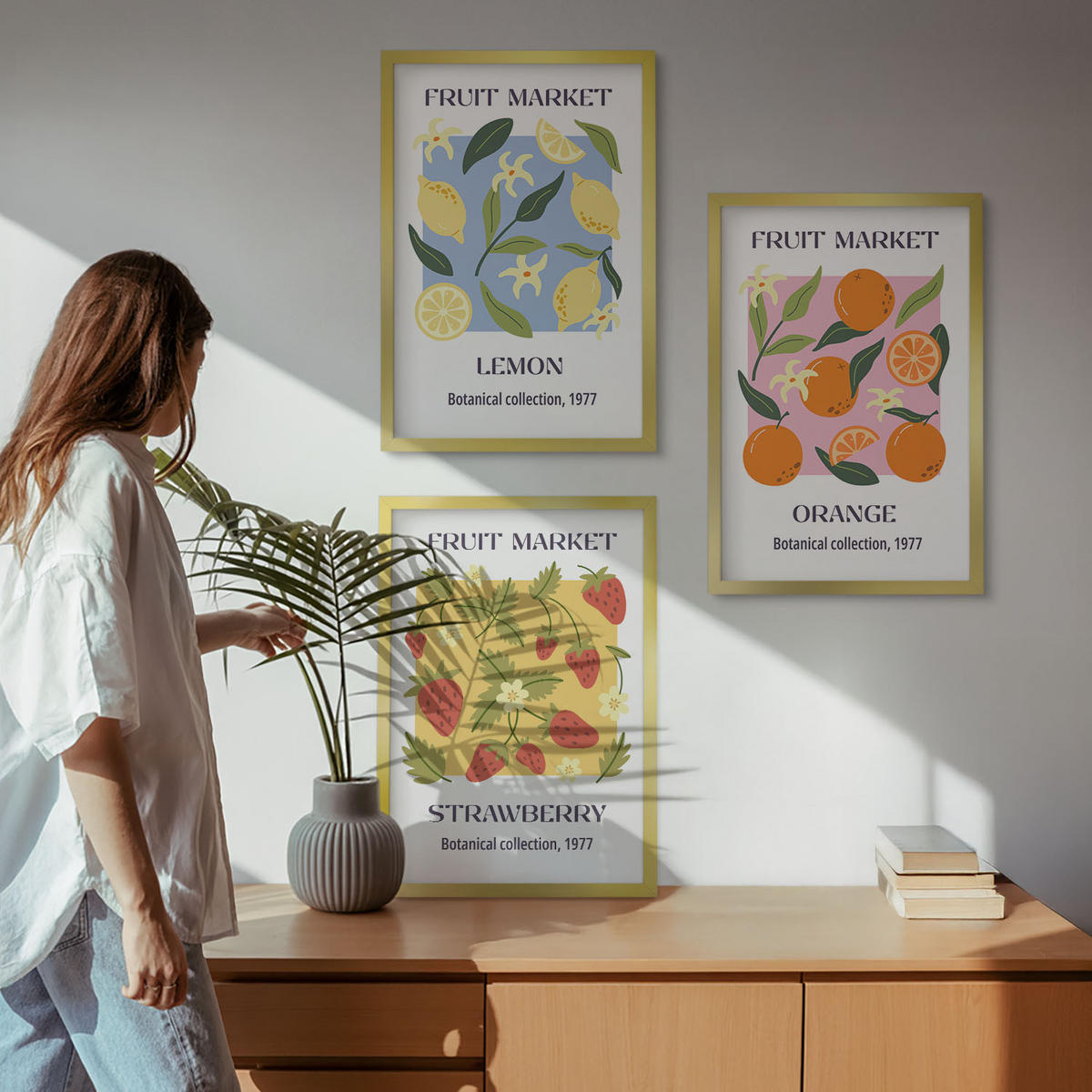 BILDER SET 3er Set - 40x60 cm Goldrahmen - Fruchtposter Zitronen Erdbeeren - Goldfarben, Kunststoff (40/60cm) - TULUP