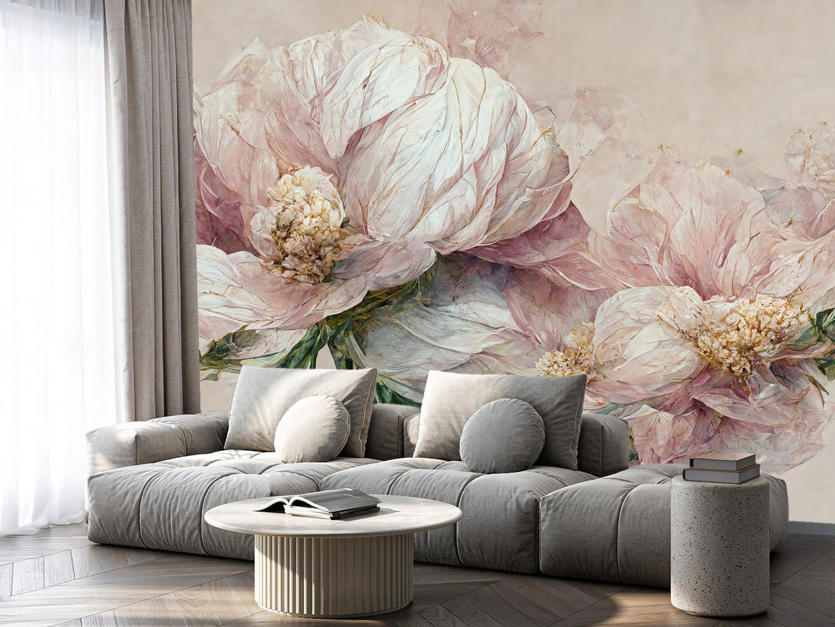 FOTOTAPETE für Wohnzimmer Vintage Rosa Blumen Blätter Natur 400x280 - Beige/Creme, Papier (400/280cm) - Muralo