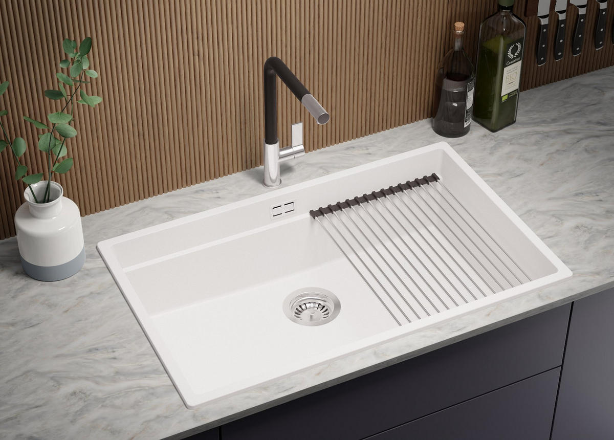 SPÜLBECKEN Praga Slim, 2-er set Weiß 76/47 cm 1 Becken + Ablauf-Set + Aufrollbare Abtropffläche ab 80er Unterschrank - Chromfarben/Weiß, Kunststoff (76/20/47cm) - Primagran