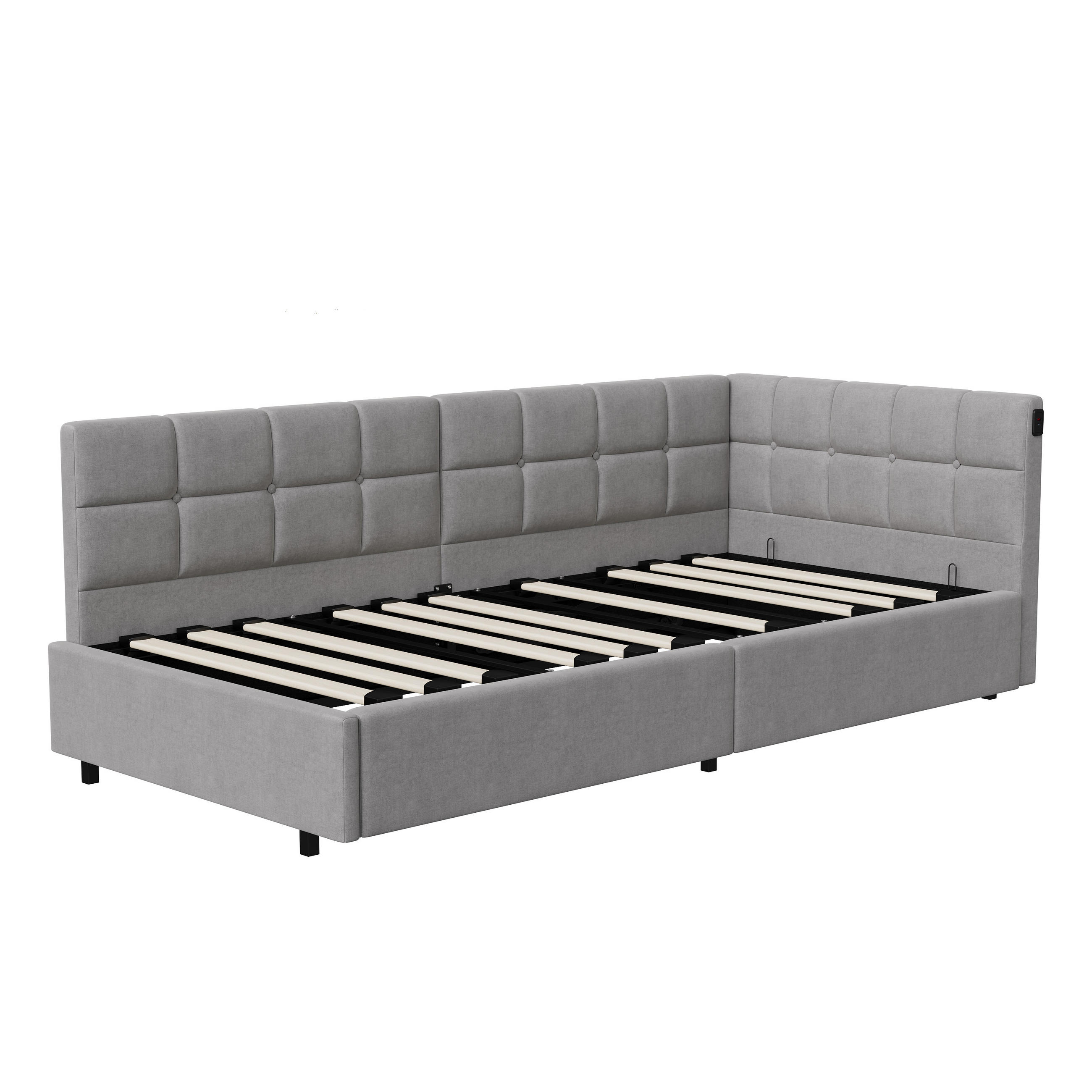 POLSTERBETT 90x200 cm Grau mit hydraulischem Stauraum, LED Beleuchtung, Eckbett mit Rückenlehne - Grau, Metall (90/200cm) - EuroLiving