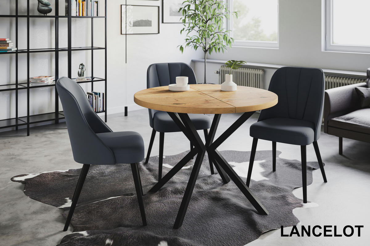 ESSZIMMERTISCH LOFT LITEN, ausziehbarer Tisch 120 cm/200 cm, Farbe: Hellbraun, mit Metallbeinen in Farbe Schwarz - Beige/Schwarz, Holzwerkstoff (120/120/76cm) - Alpi-Möbel