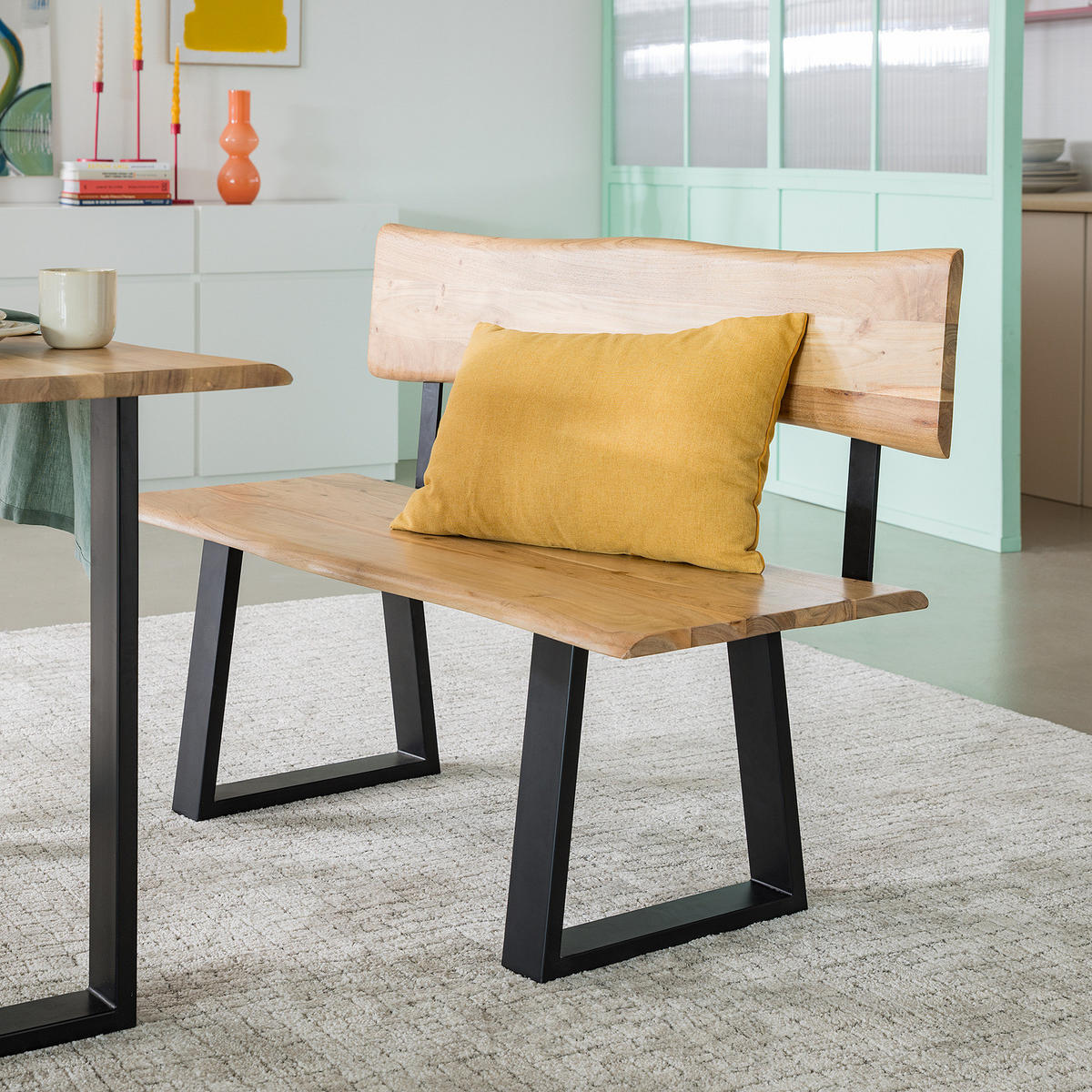 SITZBANK - Metall / Massivholz - Akazie Braun / Schwarz - Schwarz/Braun, Holz/Metall (120/85/50cm) - home24