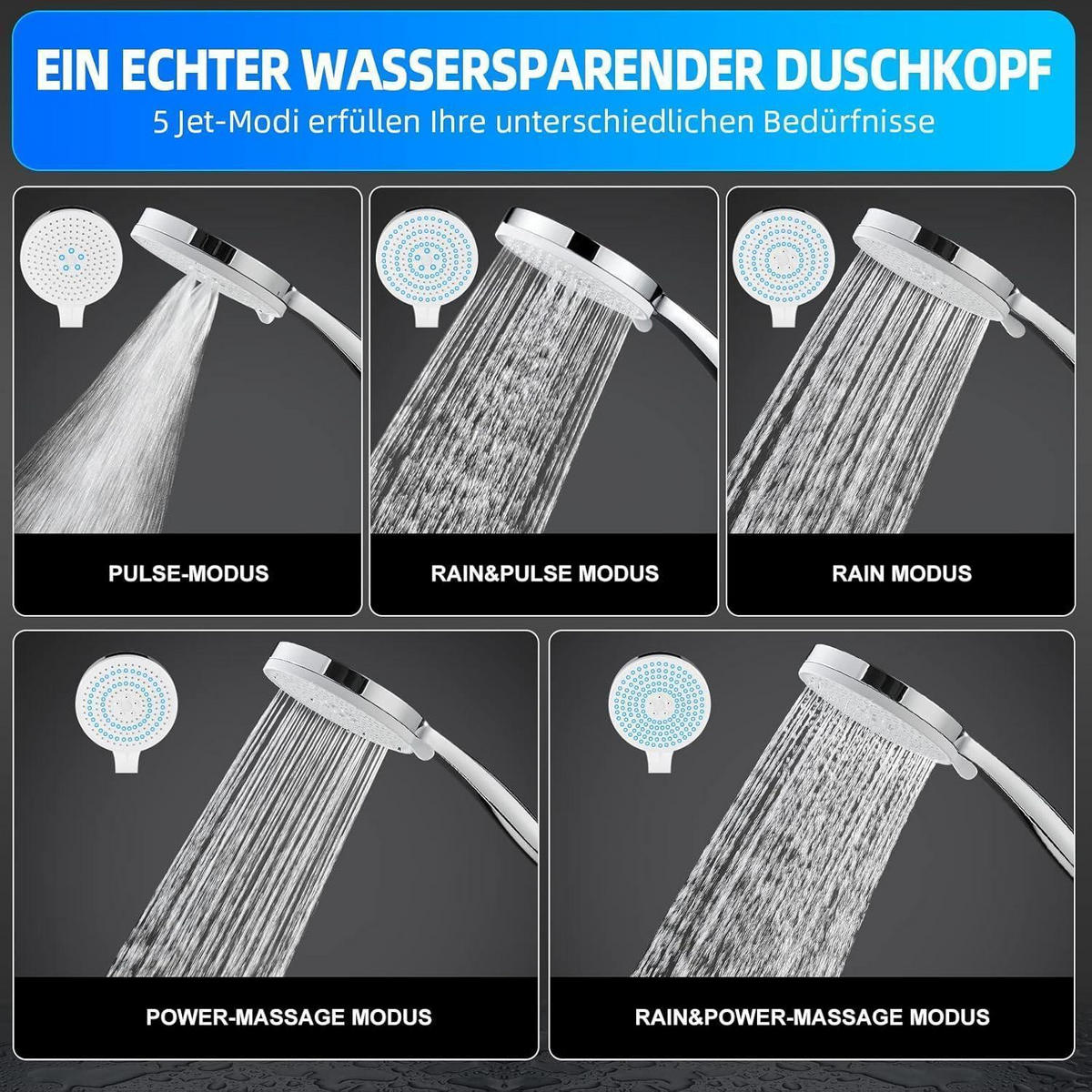 HANDBRAUSE Wassersparend 5 Strahlarten Chrom - Silberfarben, Kunststoff (13/12.7/27.5cm)