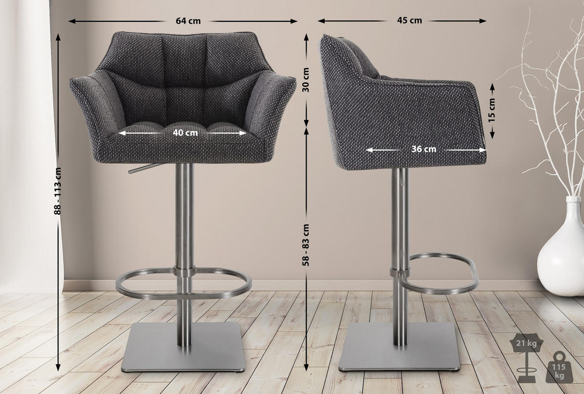BARHOCKER 2er Set Damaskus Stoff edelstahl titangrau - Edelstahlfarben/Grau, Textil/Metall (64/110/48cm) - TPFLiving