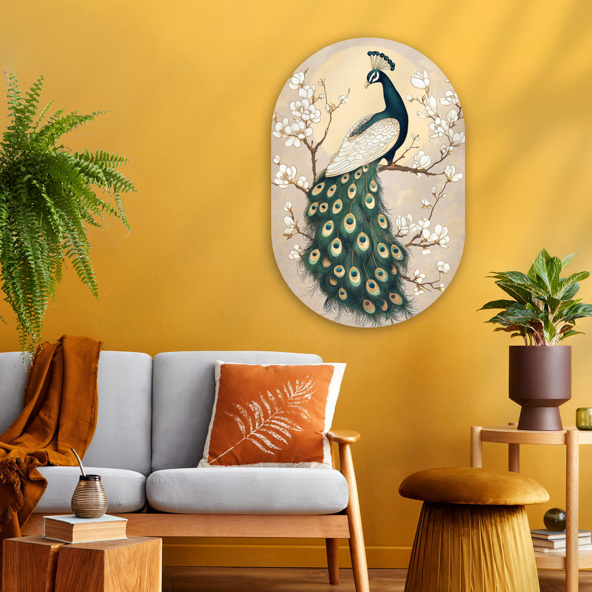 WANDBILD Pfau - Zweig - Blumen 60x90 cm - Champagner, Kunststoff (60/90cm) - MuchoWow
