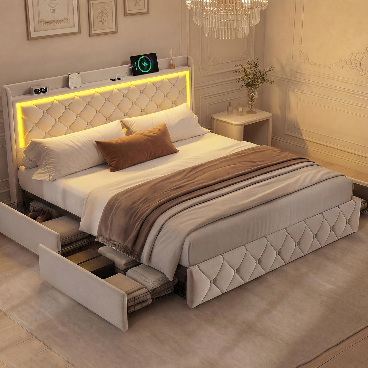 POLSTERBETT 140x200 cm, Stauraumbett mit 4 Schubladen, LED & USB/Type-C, Flauschstoff in Beige - Beige, Holz (140/200cm) - BRILVERDE