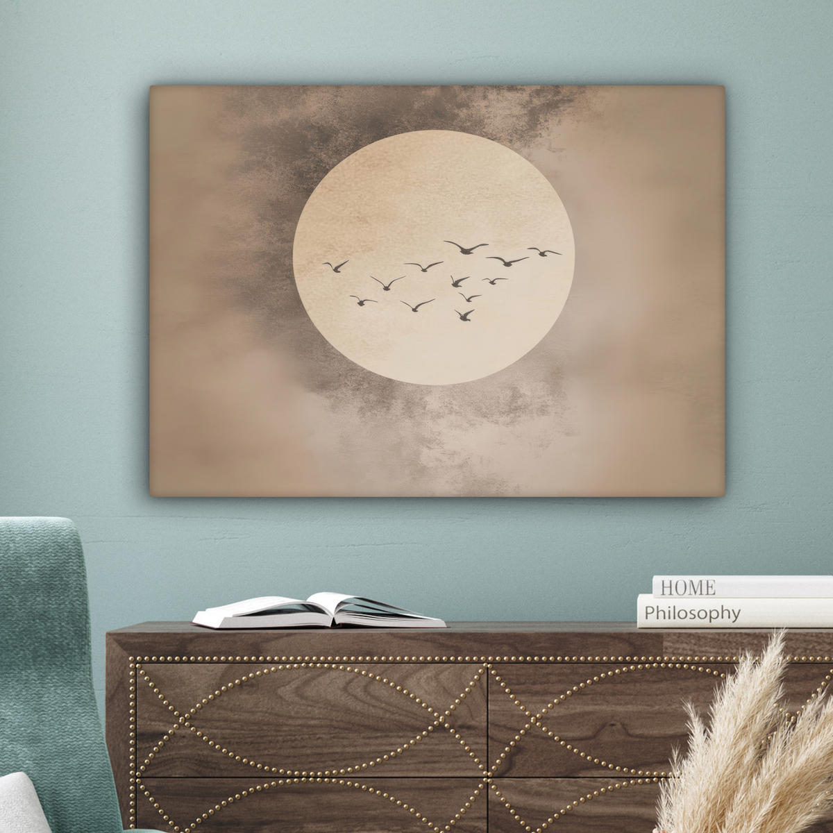 LEINWANDBILD Vogel - Beige - Japanisch Wandbilder 80x60 cm - Taupe, Textil (80/60cm) - MuchoWow