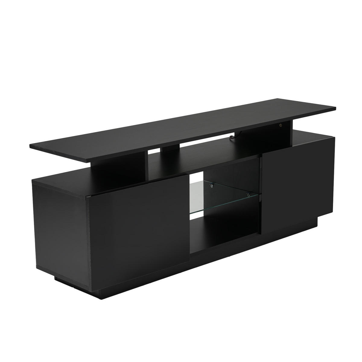 TV-SCHRANK aus Spanplatte 140x35x55 cm Schwarz mit LED-Beleuchtung, 2 Hochglanz-Türen und 5 offenen Fächern - Schwarz, Holzwerkstoff (140/55/35cm) - Modfu
