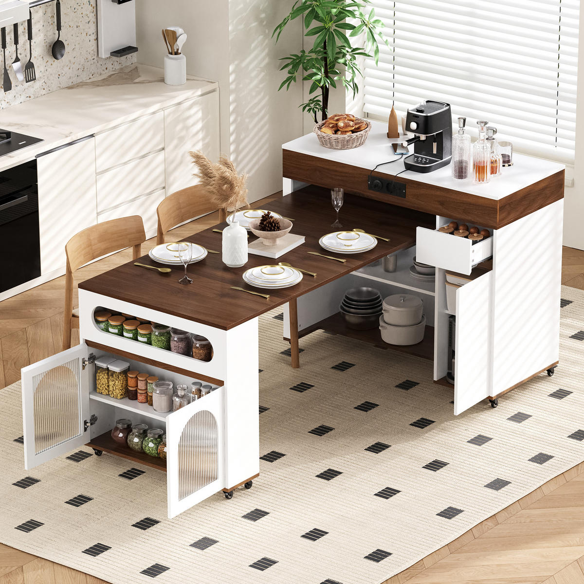 KÜCHENINSEL aus MDF 50.5-187.5x110.5x95.5 cm Weiß/Walnuss mit Ausziehtisch & Steckdosen - Weiß/Braun, Holzwerkstoff (187.5/95.5/110.5cm) - Modfu